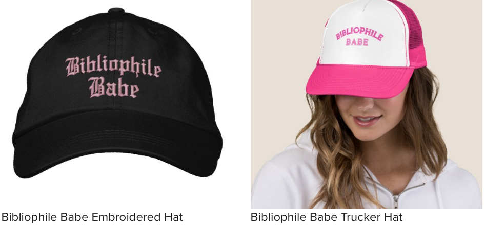 Baseball styled caps with text "bibliophile babe" as a gift for bibliophiles.