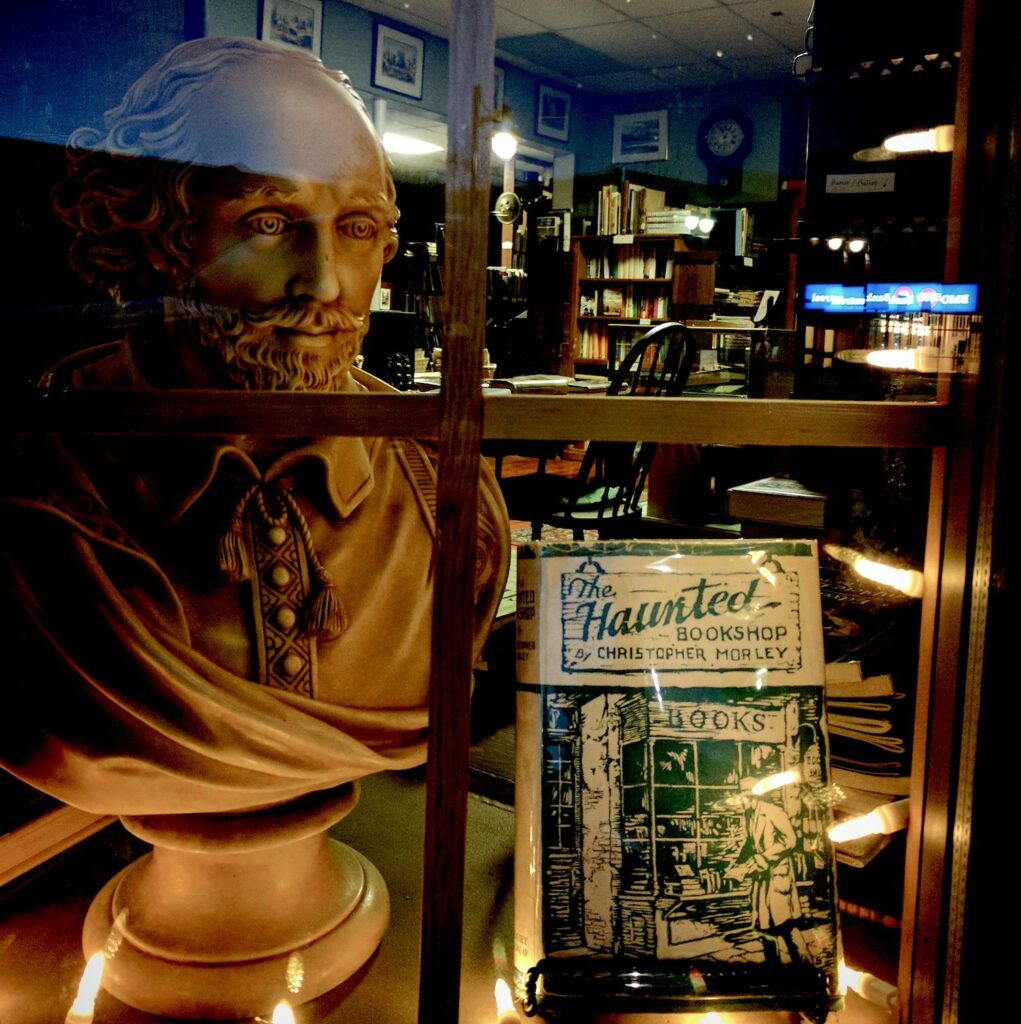 Haunted Books window at night